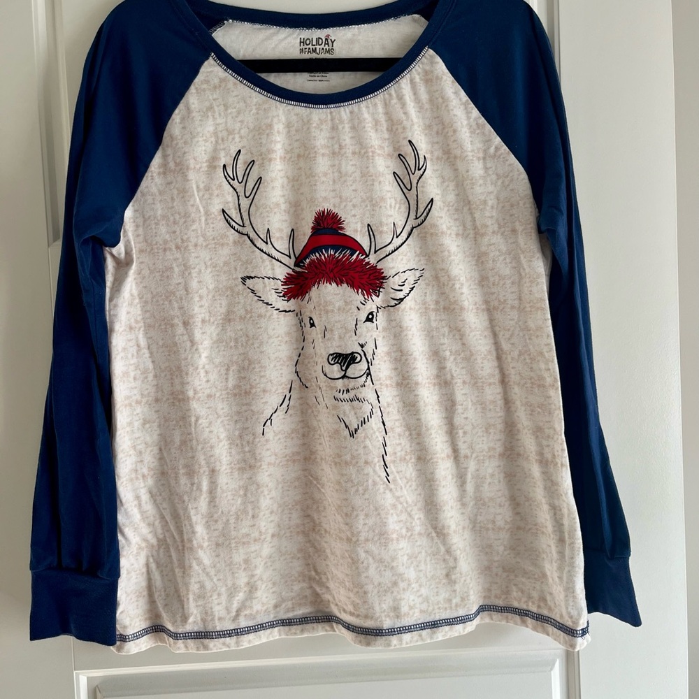 Blue and White Reindeer Pajama Top
